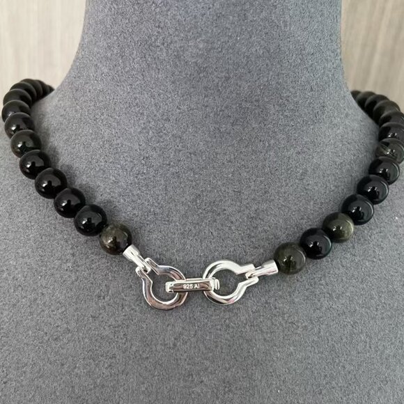 Annika Inez925 sterling silver handmade obsidian crystal beaded lock necklace st - Picture 5 of 5